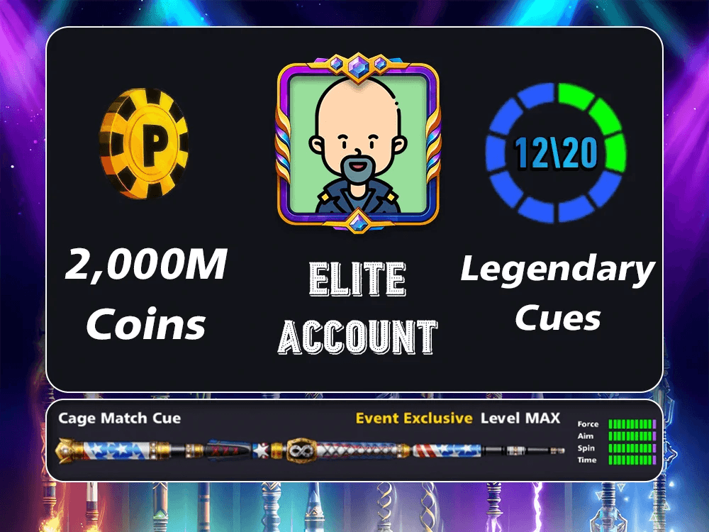 2 Billion Coins, 12 Legendary Cues, 1 Max Cue | Elite Miniclip Account | 8 Ball Pool - BlackBird Store