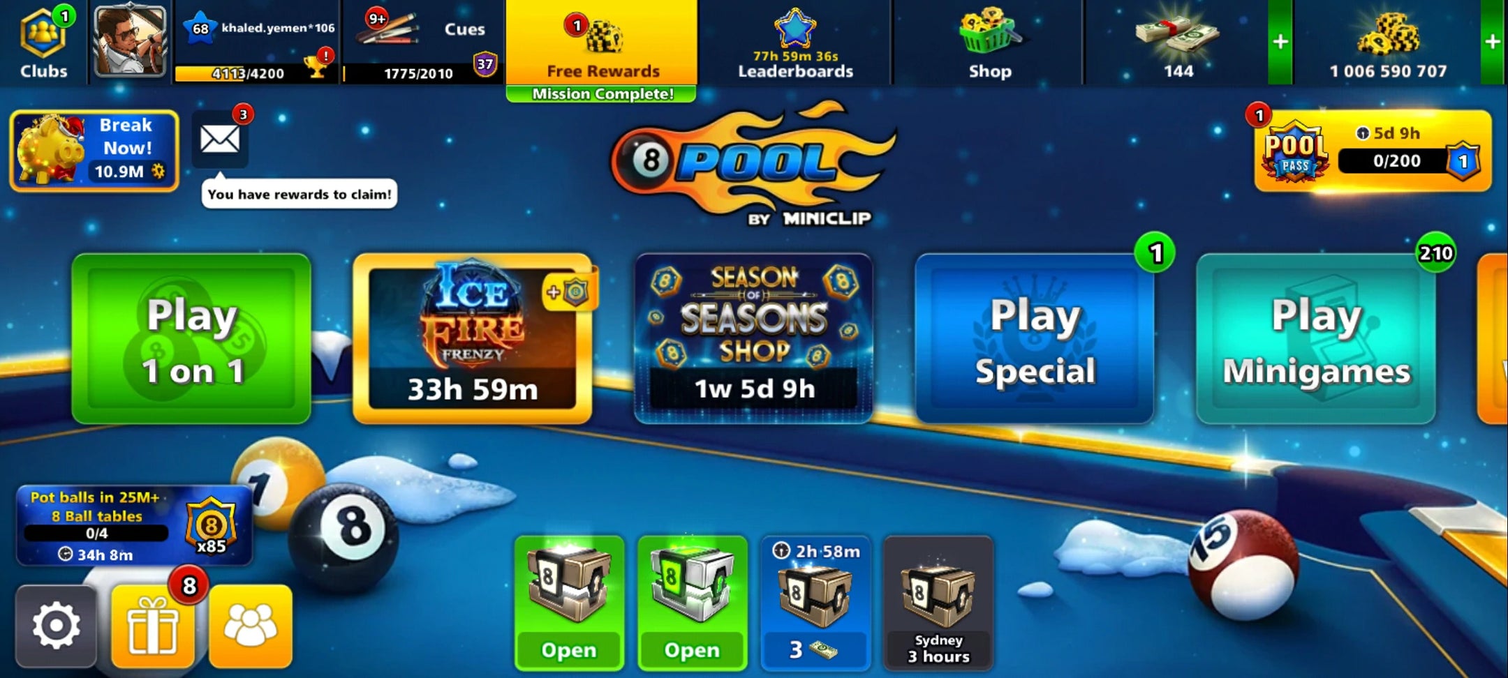 1 Billion Coins and 10 Legendary Cues | 8 Ball Pool Account