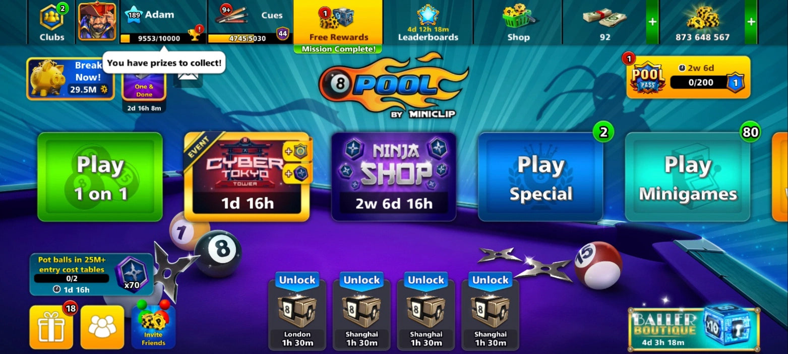 850 مليون كوينز | 3 عصي أسطورية | حساب 8 Ball Pool