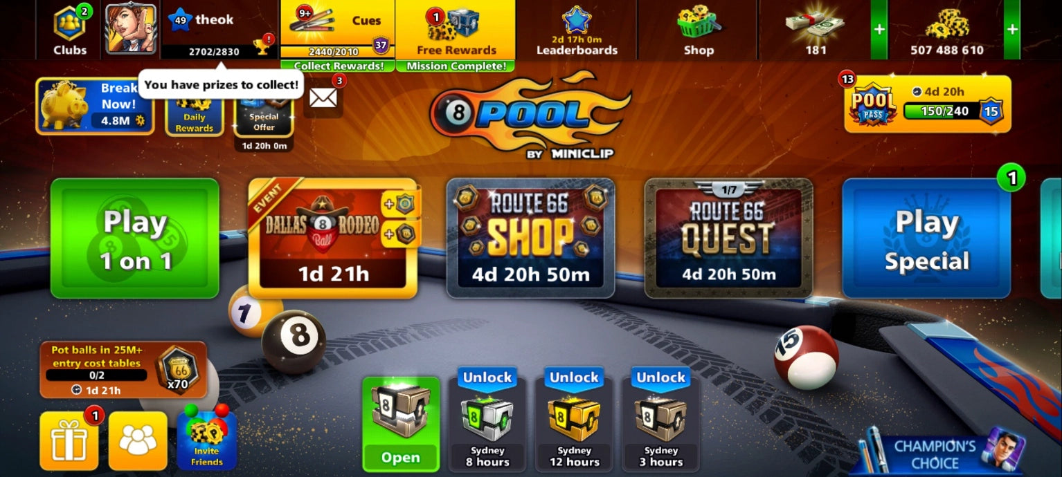 500M Coins | x11 Legendary Cues | 8 Ball Pool Account