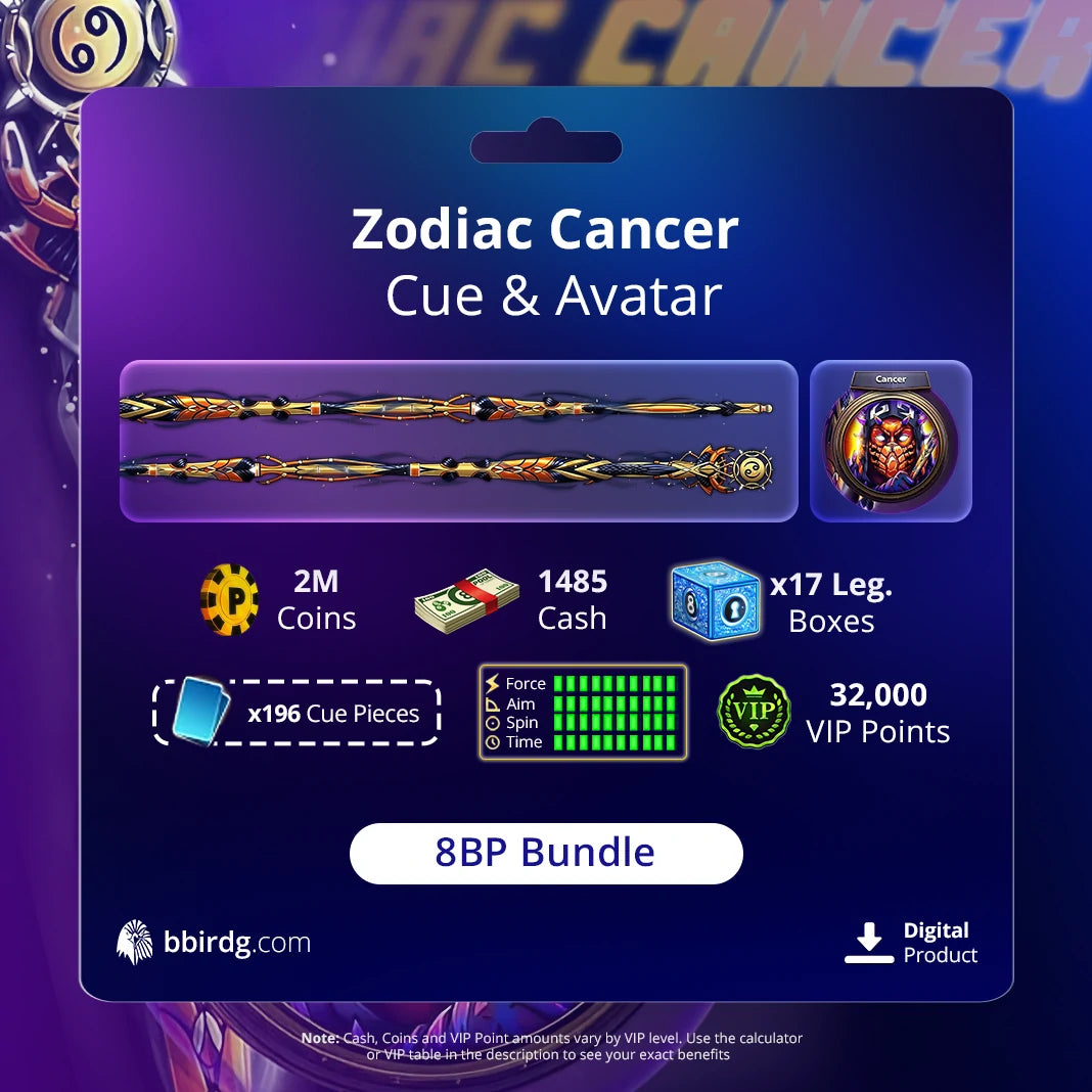 Zodiac Cancer Cue Max & Avatar Bundle | 8 Ball Pool